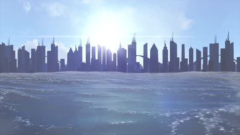 Cityscape-skyline-ocean-rising-sea-level-silhouette-skyscraper-future-climate-4k